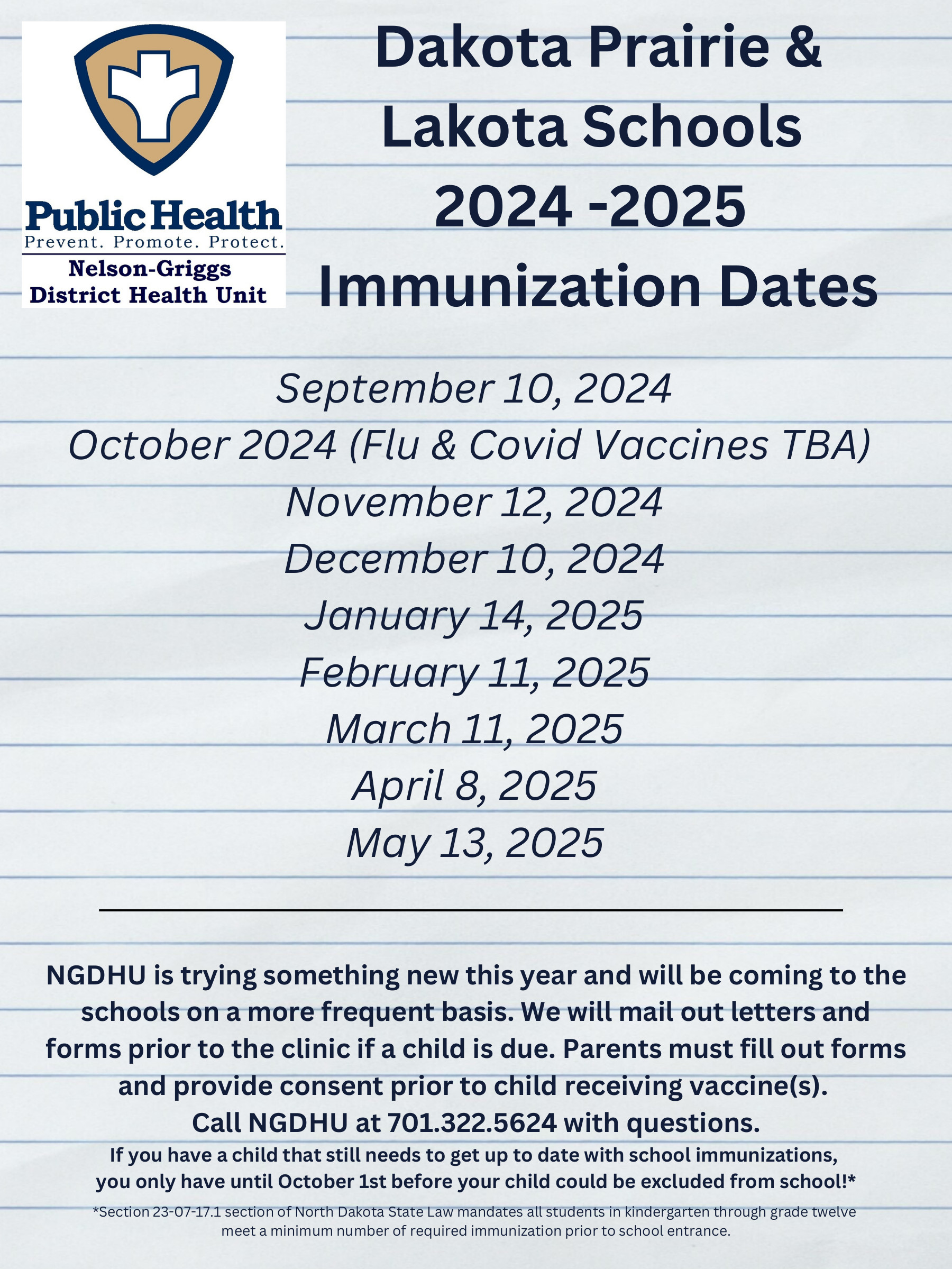 Dakota Prairie and Lakota School 2024 -2025 Monthly Immunization Dates