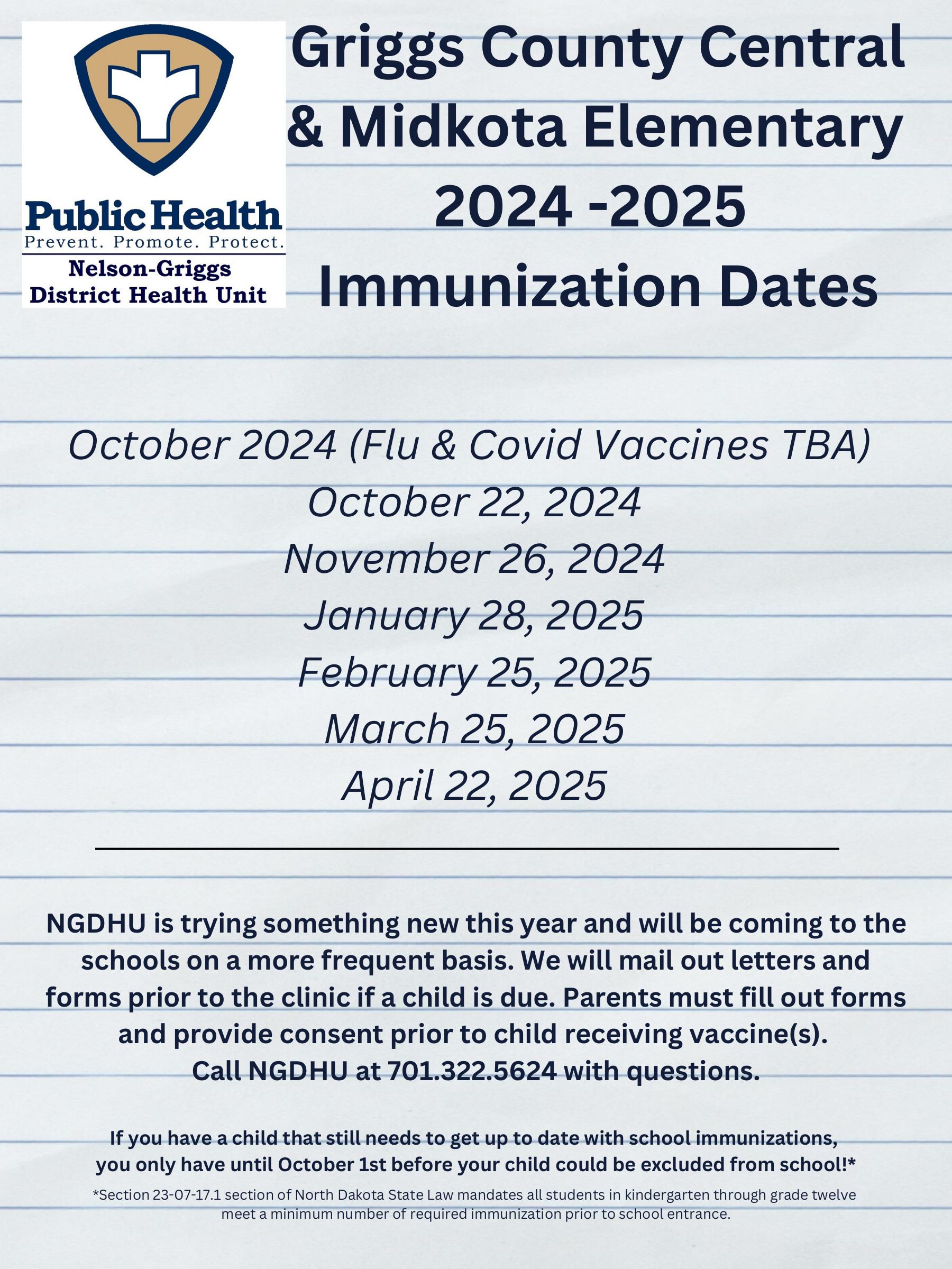 GCC and Midkota School 2024 -2025 Monthly Immunization Dates